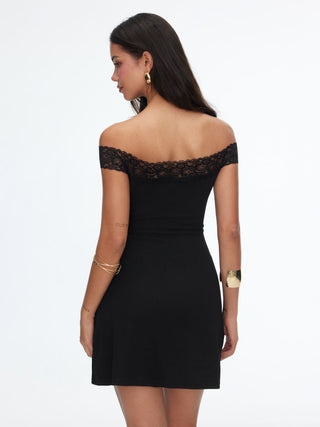 Textured Off-shoulder Lace Panel Ruched A-line Mini Dress