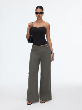 Cotton Mid Rise Cargo Metal Detail Wide Leg Trousers Oversized
