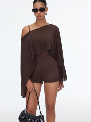 Textured Boat Neck High Rise Drawstring Slim Romper With Scarf