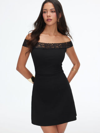 Textured Off-shoulder Lace Panel Ruched A-line Mini Dress