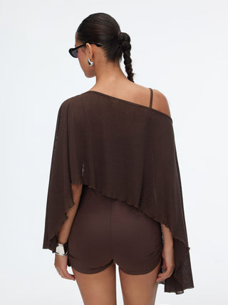 Textured Boat Neck High Rise Drawstring Slim Romper With Scarf