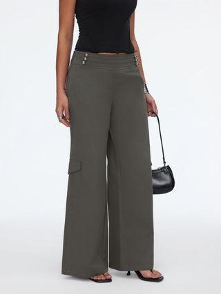 Cotton Mid Rise Cargo Metal Detail Wide Leg Trousers Oversized