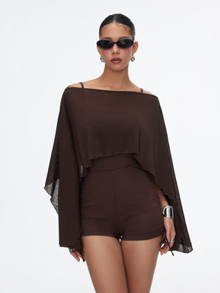 Textured Boat Neck High Rise Drawstring Slim Romper With Scarf