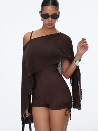 Textured Boat Neck High Rise Drawstring Slim Romper With Scarf