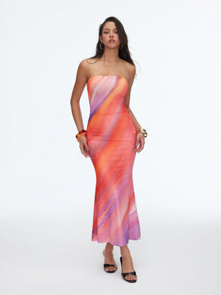 High Stretch Mesh Abstract Bandeau Straight Maxi Dress