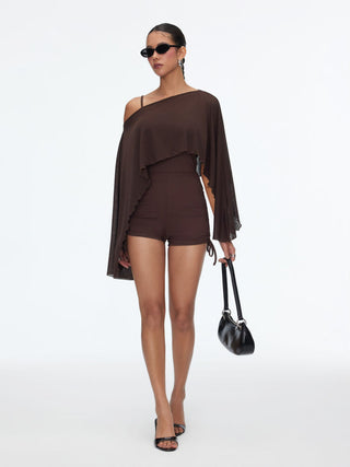 Textured Boat Neck High Rise Drawstring Slim Romper With Scarf