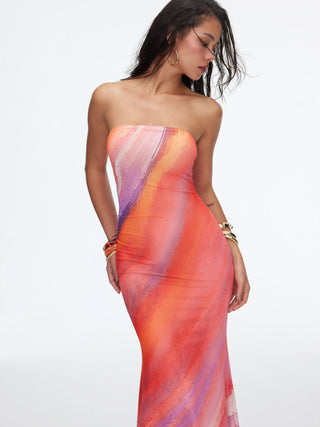 High Stretch Mesh Abstract Bandeau Straight Maxi Dress
