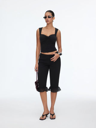 Cotton-blend Square Neck Ruched Lace Trim Crop Tank Top