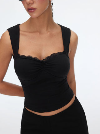 Cotton-blend Square Neck Ruched Lace Trim Crop Tank Top