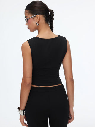 Cotton-blend Square Neck Ruched Lace Trim Crop Tank Top
