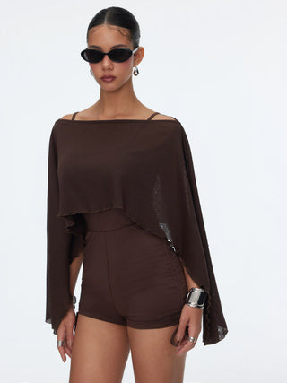 Textured Boat Neck High Rise Drawstring Slim Romper With Scarf