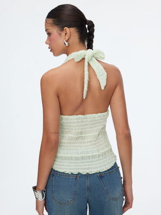 Textured Halter Neck Tie Front Shirred Lettuce Trim Cami Blouse