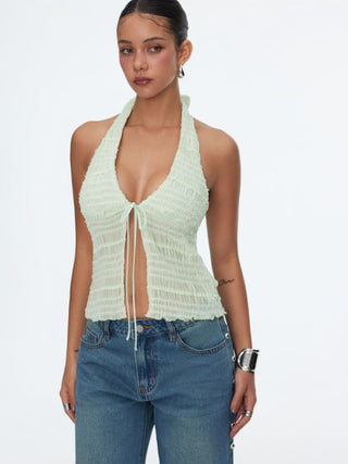 Textured Halter Neck Tie Front Shirred Lettuce Trim Cami Blouse