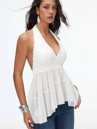 Chiffon Lace Halter Neckline Lace Panel Blouse