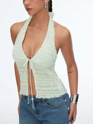 Textured Halter Neck Tie Front Shirred Lettuce Trim Cami Blouse