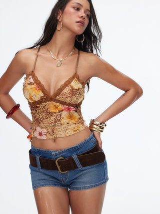 Mesh Leopard & Floral Graphic Lace Trim Cami Top