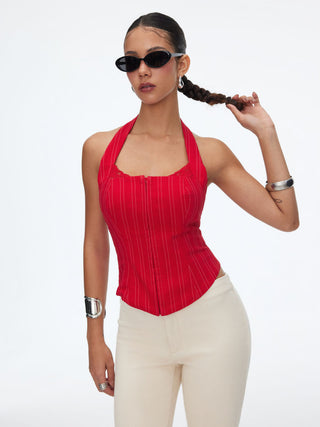 Striped Halter Neckline Lace Trim Corset Cami Blouse