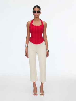 Striped Halter Neckline Lace Trim Corset Cami Blouse