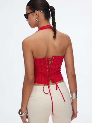 Striped Halter Neckline Lace Trim Corset Cami Blouse
