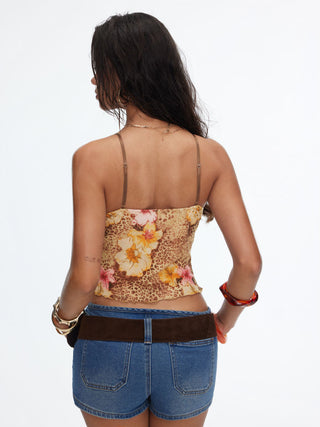 Mesh Leopard & Floral Graphic Lace Trim Cami Top
