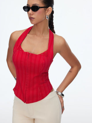 Striped Halter Neckline Lace Trim Corset Cami Blouse