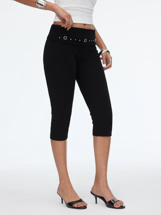 High Stretch Cotton-blend Low Rise Geometric Rhinestone Capri Pants