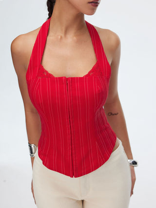 Striped Halter Neckline Lace Trim Corset Cami Blouse