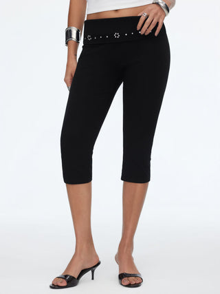 High Stretch Cotton-blend Low Rise Geometric Rhinestone Capri Pants