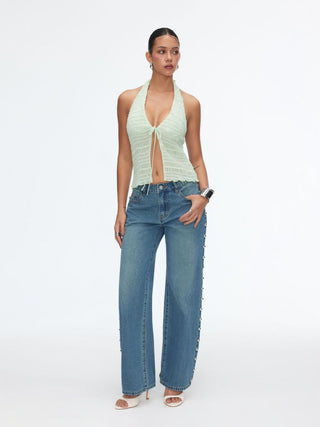 Textured Halter Neck Tie Front Shirred Lettuce Trim Cami Blouse