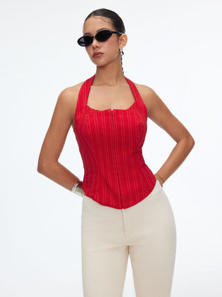 Striped Halter Neckline Lace Trim Corset Cami Blouse