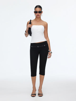High Stretch Cotton-blend Low Rise Geometric Rhinestone Capri Pants