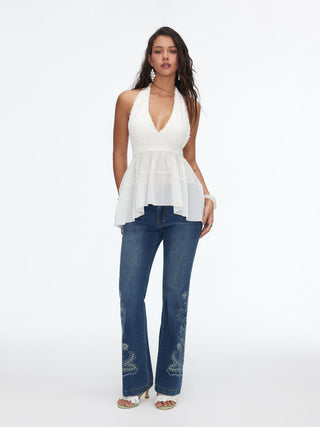 Chiffon Lace Halter Neckline Lace Panel Blouse