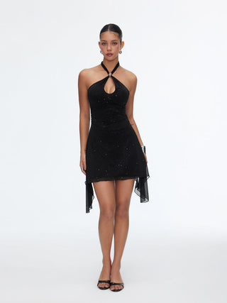 Textured Halter Neckline Cut Out Metal Detail A-line Mini Dress