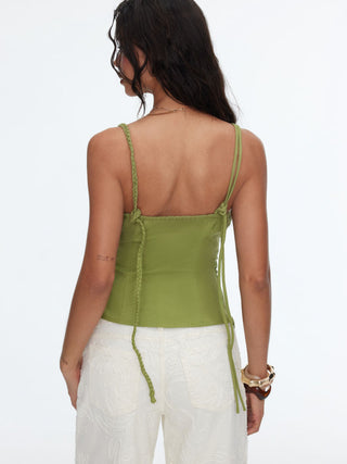 Linen-blend Square Neck Ruched Asymmetrical Braided Cami Blouse