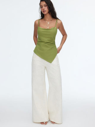 Linen-blend Square Neck Ruched Asymmetrical Braided Cami Blouse