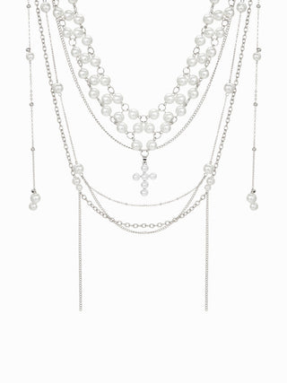 FAUX PEARL CROSS LAYERED NECKLACE