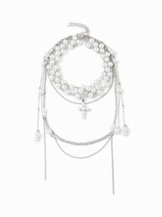 FAUX PEARL CROSS LAYERED NECKLACE