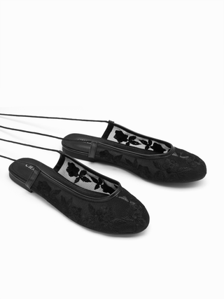 EMBROIDERED MESH LACE-UP FLATS