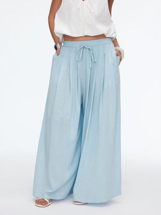 Cotton-blend Mid Rise Drawstring Ruched Wide Leg Trousers