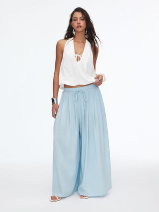 Cotton-blend Mid Rise Drawstring Ruched Wide Leg Trousers