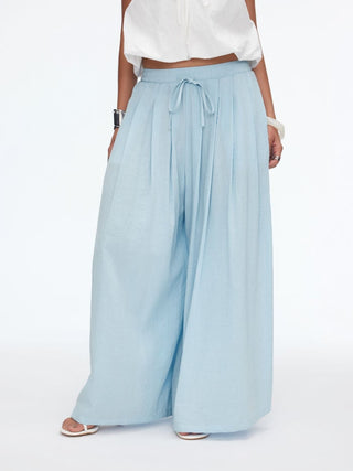 Cotton-blend Mid Rise Drawstring Ruched Wide Leg Trousers
