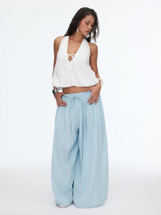 Cotton-blend Mid Rise Drawstring Ruched Wide Leg Trousers
