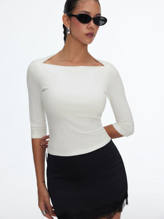 Textured Boat Neck Mid-length Sleeve Slim Top