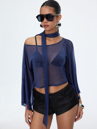 Sheer Glitter Chiffon Boat Neck Top with Scarf