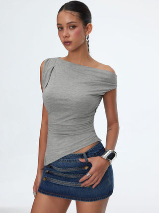 Asymmetrical Neck Ruched Slim Longline Tank Top