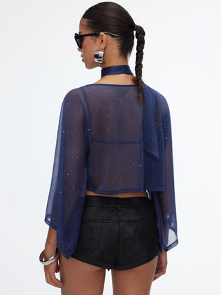 Sheer Glitter Chiffon Boat Neck Top with Scarf