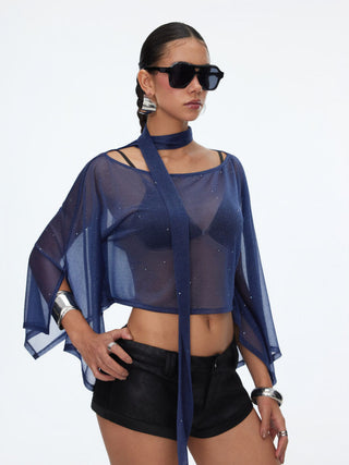 Sheer Glitter Chiffon Boat Neck Top with Scarf