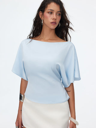 Boat Neck Batwing Sleeve Tie Back Top