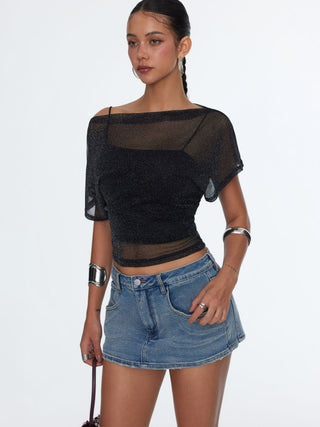 Metallic Mesh Textured Batwing Sleeve Lined Tee