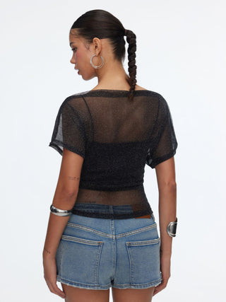 Metallic Mesh Textured Batwing Sleeve Lined Tee